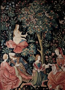 Gardinen för Seigneuriale Life: Scenes Gallant Wool and siden gobestry gjord omkring 1520 i Nederländerna. Sön 2,6x3,7 m Paris, medeltidens nationalmuseum, Thermes de Cluny