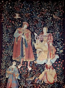 Gardinen för Seigneuriale Life: konserttapet av ull och siden gjord runt 1520 i Nederländerna. Sön 2,6x3,7 m Paris, medeltidens nationalmuseum, Thermes de Cluny