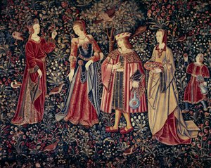 Gardinen för Seigneuriale Life: promenaden Gobeläng av ull och siden gjord runt 1520 i Nederländerna. Sön 2,6x3,7 m Paris, medeltidens nationalmuseum, Thermes de Cluny