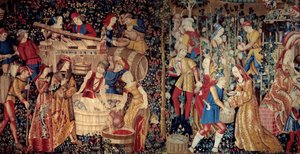 Skörden. Gobeläng av Nederländerna, början av 1500-talet. Mått: 2,46 x 4,95 m. Paris, Musee De Cluny