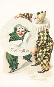 Nowegianskt nyårskort (färglitografi) av School Norwegian