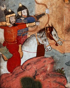 Bågskyttarna av den mongoliska ledaren Tamerlan (1336-1405) (eller Timur Lang, Timur den lame”””) under slaget vid Ankara (Ancyra eller Ankora) som såg mongolernas seger över den ottomanska den 20/07/1402 armé”” Detalj. Topkapi Sarayi Museum Library Ist