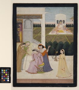 En dam tröstar sig, medan de andra spelar Holi, ca 1790 (ogenomskinlig akvarell, silver och guld på papper)