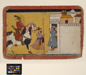 En prins som jagar stannar vid dörren till ett hem, ca 1700 (ogenomskinlig w/c och guld på papper)