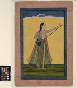 En kvinna som stämmer sin tambura, ca 1740 (opak akvarell på papper)