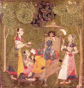 Krishna och jungfrur, Himachal Pradesh, Pahari School, ca 1710 (akvarell på papper)