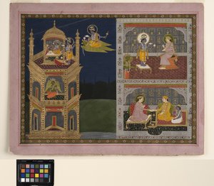 Vishnu närmar sig ett gyllene torn på Garuda, ca 1825 (ogenomskinlig akvarell och guld på papper)