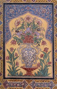 Vas med blommor, dekorativa detaljer från Wazir Khan-moskén (1600-talet), Lahore, Punjab, Pakistan