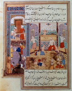 Grupp män i hamam persisk miniatyr från manuskript 2743, Paris, B.N.
