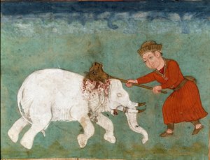 Islamisk konst: Rostam (eller Rustam) mytiska hjältar och son till Zal dödar den vita elefanten. Persisk miniatyr från ett manuskript av den episka dikten "Shahnameh"" (Shah Nama, Shahnama) (Kungarnas bok) av Ferdowsi (Firdawsi, eller Ferdawsi, eller Firdo