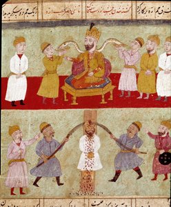 Islamisk konst: en kung representerar på toppen, med sina följeslagare ormar matade av hovmännen, under en scen för tortyr av en fiende. Persisk miniatyr från ett manuskript av den episka dikten "Shahnameh"" (Shah Nama, Shahnama) (Kungarnas bok) av Ferdows