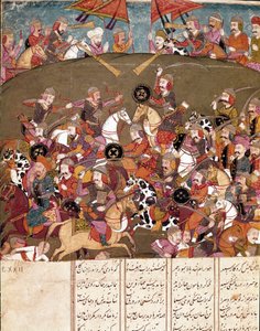 Islamisk konst: stridsscen. Persisk miniatyr från ett manuskript av den episka dikten "Shahnameh"" (Shah Nama, Shahnama) (Kungarnas bok) av Ferdowsi (Firdawsi, eller Ferdawsi, eller Firdousi, ca 940-cirka 1020) Biblioteca Nazionale Neapel