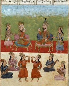 Islamisk konst: konsert och underhållning i ett harem. Persisk miniatyr från ett manuskript av den episka dikten "Shahnameh"" (Shah Nama, Shahnama) (Kungarnas bok) av Ferdowsi (Firdawsi, eller Ferdawsi, eller Firdousi, ca 940-cirka 1020) Biblioteca Naziona av School Persian