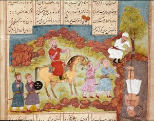 Islamisk konst: scen för tortyr av en fiende, levande begravd vid foten av ett träd. Persisk miniatyr från ett manuskript av den episka dikten "Shahnameh"" (Shah Nama, Shahnama) (Kungarnas bok) av Ferdowsi (Firdawsi eller Ferdawsi eller Firdousi, ca 940-ci