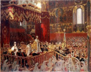 Kröning av Nicholas II 1896 i Ousensky-katedralen i Moskva - Anonym rysk målning av School Russian