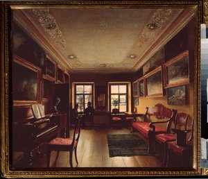I rummet. (Två män i samtal framför fönstret i ett rum med ett piano, dekorerat med målningar). Målning av en rysk mästare, olja på duk, ca 1830. Rysk konst av School Russian