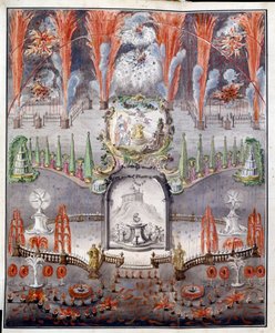 Fyrverkerier och belysning den 17 september 1747 i Gostilitsy (Ryssland). Anonymt verk, kopparstick färgad i akvarell, mitten av 1700-talet. rysk konst av School Russian