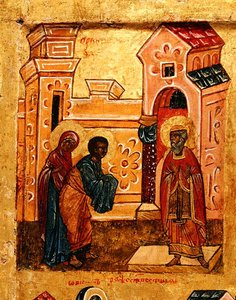 Ikon som föreställer Joachim och Anna som besöker templet i Jerusalem, ca 1550 (tempera & bladguld på panel) (detalj av 314500) av School Russian