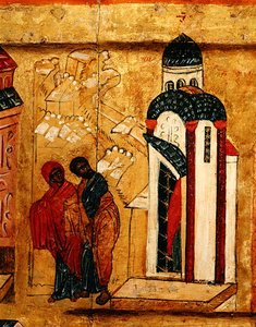Ikon som visar Joachim och Annas gåvor som avvisas på grund av deras barnlöshet, ca 1550 (tempera & bladguld på panel) (detalj 314500) av School Russian