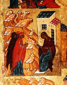 Ikon som visar Jungfrun som väljer de mest hedrade färgerna av tyg, ca 1550 (tempera & bladguld på panel) (detalj 314 500) av School Russian