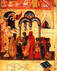 Ikon som visar Jungfruns barndom och hennes hängivenhet till Gud, ca 1550 (tempera & bladguld på panel) (detalj av 314500) av School Russian