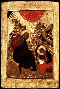 Ikon av Johannes evangelisten och hans lärjunge Prokhor (bladguld och tempera på panel) av School Russian