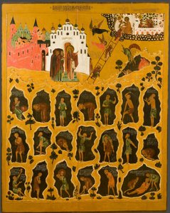 ""The vision of Saint John Climacus"" Längst upp till höger representeras den heliga stegen för Saint John the Sinaiticus - Den representerar munkarna som når toppen av stegen och de som faller i helvetet - rysk ikon från början av 1500-talet S av School Russian