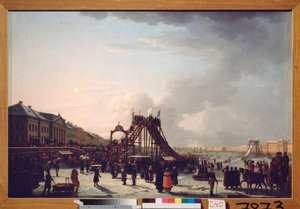 Den stora åtta (berg-och-dalbanan) på Neva i Sankt Petersburg. (Efemär rutschkana för vintersäsongen). Målning av en rysk mästare, olja på duk av School Russian