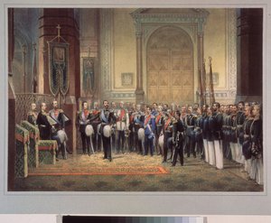 Tsarevich Nicholas Alexandrovich Romanovs trohetsed av Ryssland (1843-1865) i armékyrkan. Verk av en rysk mästare, akvarell på papper av School Russian