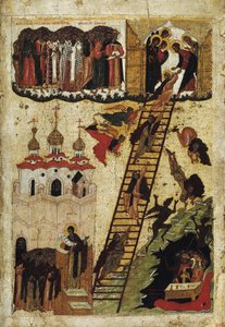 ""Stegan av paradiset av Saint John Climacus"" (Helig stege av Saint John the Sinaiticus) Den representerar munkarna som når toppen av stegen och de som faller i helvetet - rysk ikon från början av 1500-talets statliga ryska museum, heligt husdjur