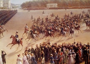 Parad på Champs de Mars, i förgrunden Alexandre Pushkin (Pushkin) (1799-1837) och Nicolas I (1796-1855) på en häst som går fram till imperatrisen i en vagn i Paris Detail. Målning av den ryska skolan. 1825-1830. Sankt Petersburg, M av School Russian