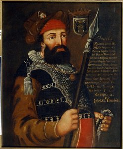 Porträtt av kosackens ledare, erövrare och upptäcktsresande av Sibirien, Yermak Timofeyevich (född mellan 1532 och 1542-1585) (Porträtt av kosackens ledare och erövrare av Sibirien, Yermak Timopheyevich). Anonym målning, olja på duk av School Russian