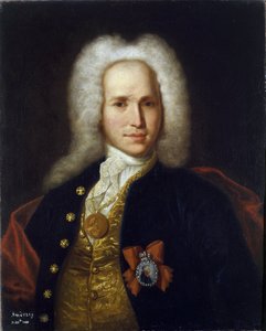 Porträtt av vetenskapsmannen, militäringenjören och uppfinnaren Andrey Nartov (1683-1756). (Porträtt av vetenskapsmannen, militäringenjören och uppfinnaren A. Nartov). Anonym målning, olja på duk, ca 1725. Rysk konst av School Russian