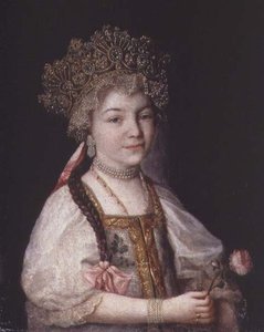 Porträtt av Alexandra Pavlovna i rysk nationaldräkt, ca 1790 (olja på duk) av School Russian