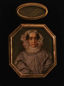 Porträtt av Praskovya Mikhailovna Tolstaya (1777-1844), med ett gallerlock av hennes hår, ca 1844 (akvarell och gouache) av School Russian