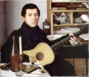 Porträtt av en ung man med gitarr, ca 1830 (olja på duk) av School Russian