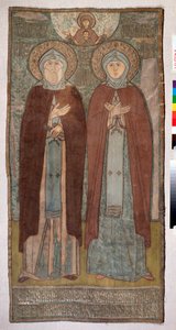 Prins Sankt Peter och Sankt Fevronia av Murom (Saint Peter och Fevronia av Murom) - Kyrkobroderi av en rysk mästare, siden- och guld- och silvertrådar på duk