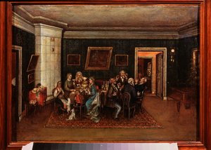 Kvällsmottagning. (Scen i det dagliga livet, familj och vänner är samlade runt middagsbordet). Målning av en rysk mästare, olja på duk, mitten av 1800-talet. Statens centrala litterära museum, Moskva. av School Russian