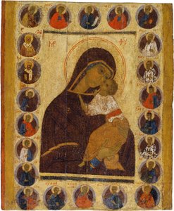 Rysk ikon: Vår Fru av ömhet med utvalda heliga. Tempera på panel, andra hälften av 1400-talet, Museum of History and Art, Suzdal av School Russian