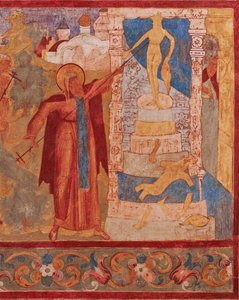 Den helige Abraham av Rostov (mort 1074 eller 1077) detruit les iidoles de Veles - Abraham av Rostov förstör Veles staty. Fresk av Johanneskyrkan Aposteln i Rostov Kreml - Forntida ryska fresker. Häftigt av School Russian