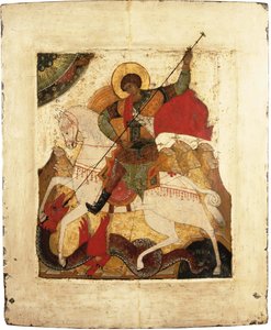 Saint George och draken - rysk ikon. Tempera på panel, tidigt 1500-tal. Mått : 31,5x26,5 cm Ikonen Museum Recklinghausen