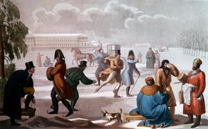 Skridskoåkare i Sankt Petersburg. Litografi, rysk skola av School Russian