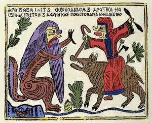 Slavisk mytologi: häxan Baba Yaga (Baba-Yaga) rider på en gris som slåss mot en krokodil. Ryskt tryck från 1800-talet