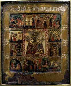 St. Nicholas och scener ur helgonets liv (tempera på panel) av School Russian