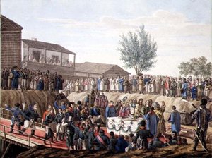 Nedläggningen av den första stenen i tullhuset i Mohiloff 1820 (akvarell på papper) av School Russian