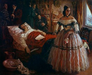 Den ryske poeten Alexander Pushkin (Pushkin) (1799-1837) på sin dödsbädd omgiven av sin fru Natalia Gontcharova (Goncharova), och hans vänner Anonym målning av den ryska skolan. 1837 Eremitagemuseet Sankt Petersburg