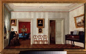 Ett litet rum med ett piano. (Och två kvinnor tittar ut genom fönstret). Målning av en rysk mästare, olja på duk, mitten av 1800-talet. Statens Tretjakovgalleri, Moskva. av School Russian