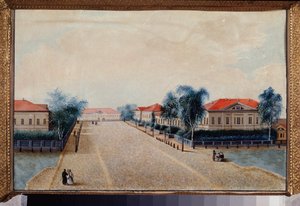 Utsikt över skattkammaren i Tver (Ryssland). Målning av en rysk mästare, olja på duk, ca 1830. Rysk konst av School Russian