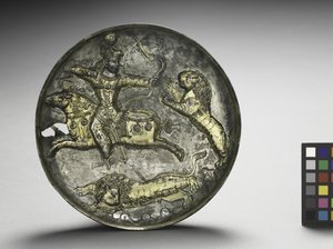 Maträtt: King Hormizd II eller Hormizd III jaktlejon, 400-600 (förgyllt silver)
