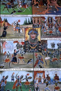 En dockteaterdekor vid namn Puppi, som tillhör en siciliansk tradition som går tillbaka till antiken och som syftar till att berätta historien om invasioner och normandiska erövringar. Palermo, Sicilien, Italien.